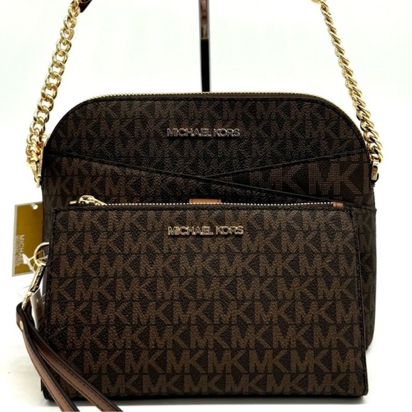 Michael Kors Jet Set Travel MD Logo Dome Crossbody Bag & Matching Wallet Brown - Picture 2 of 13